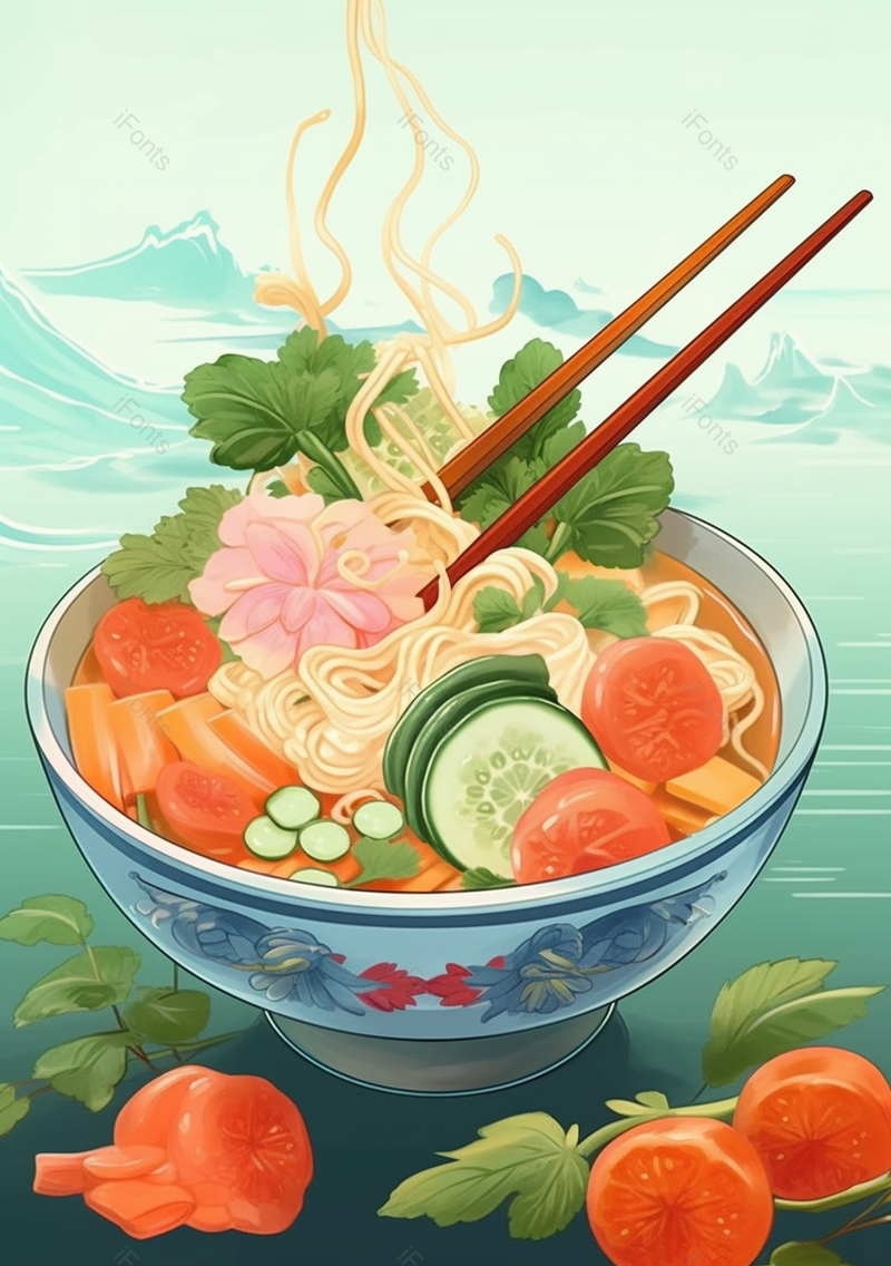 绿色中国风插画面条番茄黄瓜背景,插画/手绘图,插画/手绘图库,插画/手绘图下载,插画/手绘